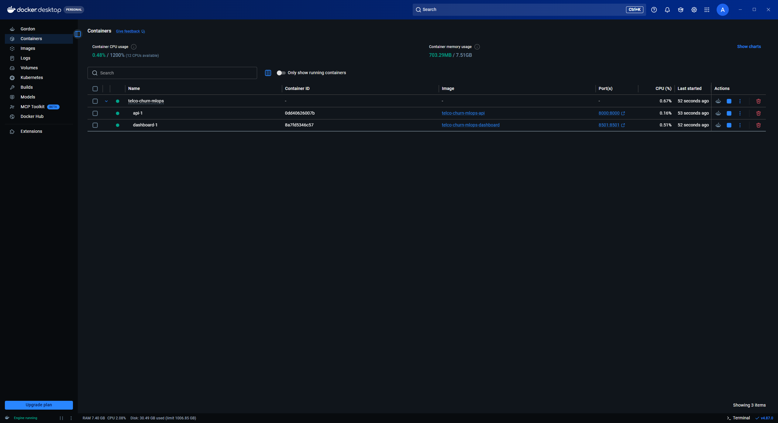 Screenshot of Docker Desktop showing the project's containers running: telco-churn-mlops-api on port 8000 and telco-churn-mlops-dashboard on port 8501